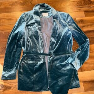 YAYA Women Velvet Blazer Belted Jacket Teal Green Size 38 holiday office party M